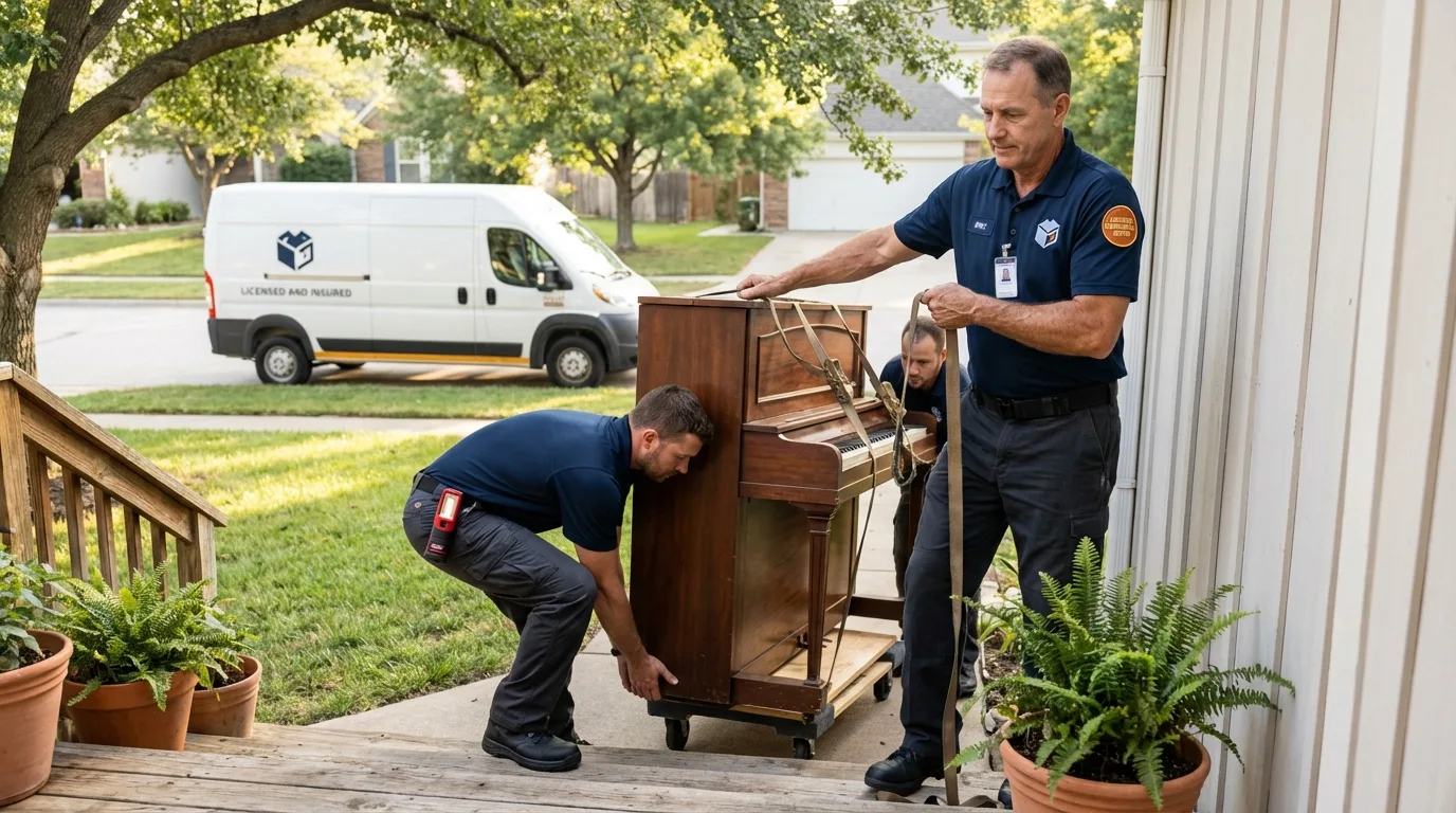 Licensed piano movers securing grand piano in Milton, FL